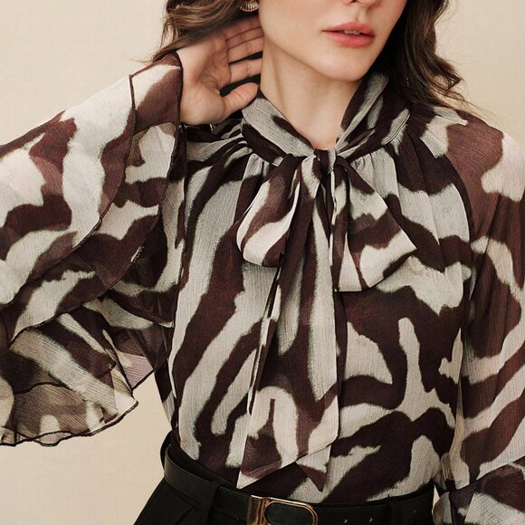 Women's Elegant Raglan Flare Sleeve Round Neck Semi-Sheer zebra print blouse - Picture 4 of 8